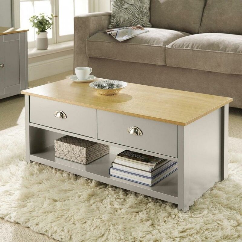 Coffee Table 2 Drawer Oak Grey Occasional Table d Cup Metal Handles Furniture