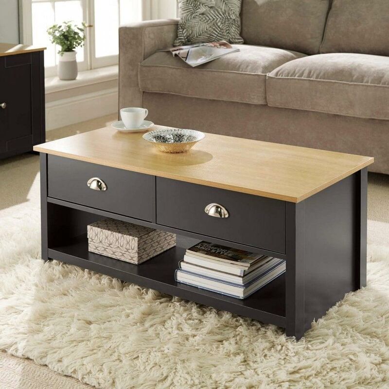 Coffee Table 2Drawer Oak Graphite Occasional Table DCup Metal Handles Furniture