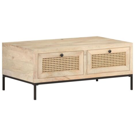 Coffee Table 90x50x37 cm Solid Mango Wood and Natural Cane vidaXL