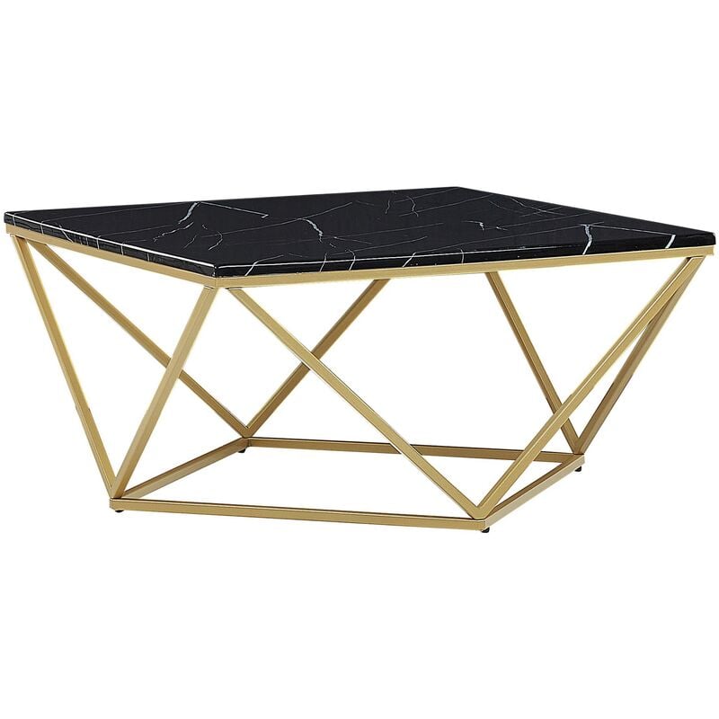 Geometric Coffee Table Gold Metal Cage Frame Black Marble Finish Top Malibu