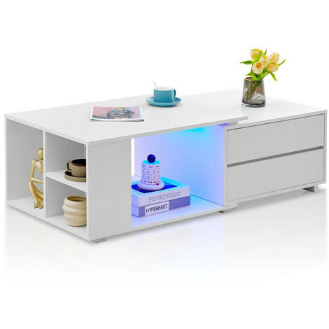 Coffee Table, Extendable Side Table with Led Lights, 80-130x60x40cm Rectangle Wood Sofa  Living Room Furniture