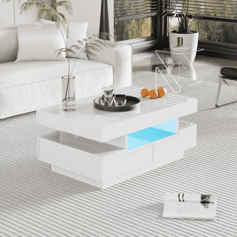 Coffee Table, High-Gloss Surface, with LED Light Strip, Four Drawers Front and Back, Large Storage Space