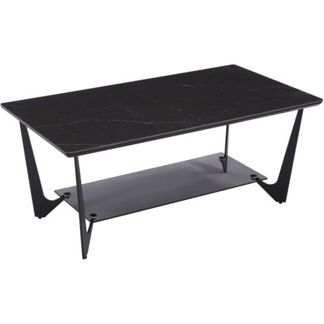 Coffee Table in Marble Top Surface Modern Simple Light Luxurious Table for Home Living Room Office Reception, Black, Wahson