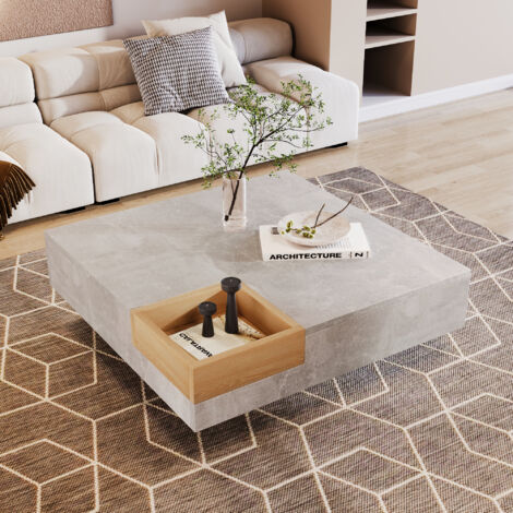 Coffee table, living room table, side table with removable storage box, concrete gray and wood color, 727230 cm