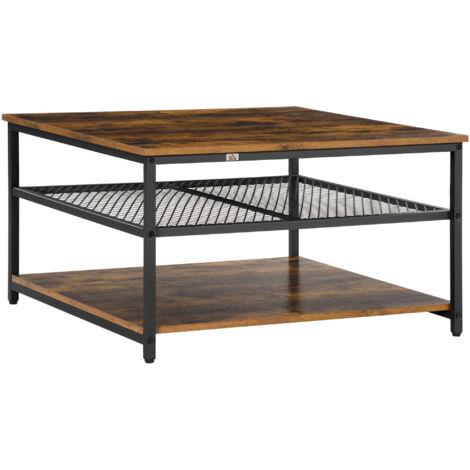 Coffee Table, Living Room Table with 3-Tier Storage Shelves, Square Tea Table for Home Office, Rustic Brown