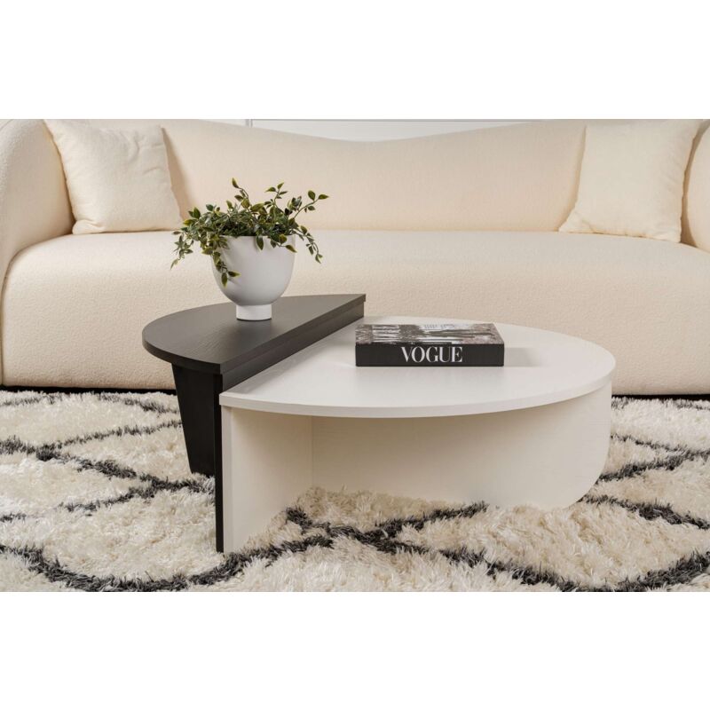 Calicosy - Table Basse Gigogne Ronde Bois en Blanc et Noir, Deux Pièces, 90x30x60 cm et 85x35x30 cm, Design Polyvalent, Pour Salon ou Bureau