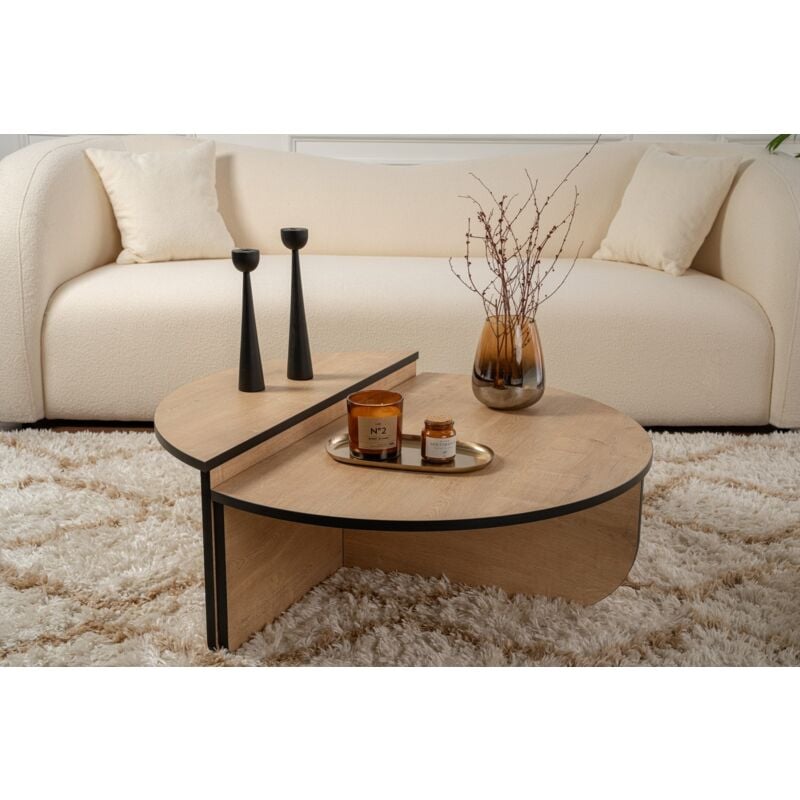 Calicosy - Table Basse Gigogne Ronde Bois en Chêne Miel et Noir, Deux Pièces, 90x30x60 cm et 85x35x30 cm, Design Polyvalent, Pour Salon ou Bureau