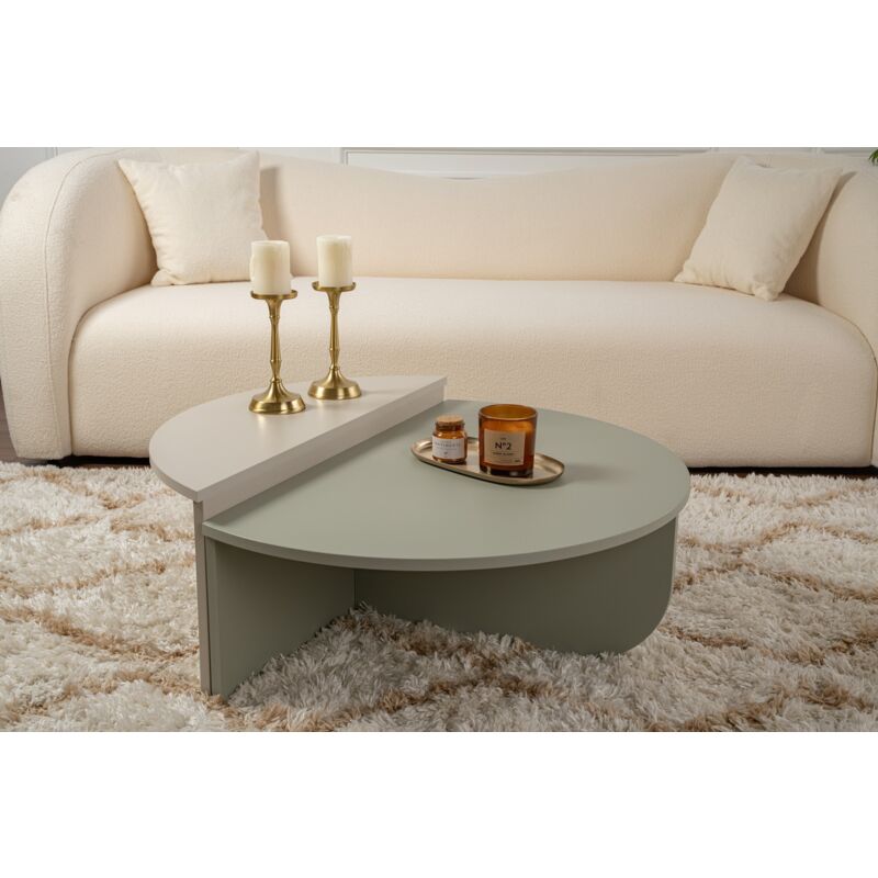 Calicosy - Table Basse Gigogne Ronde Bois en Vert Cendre et Grès, Deux Pièces, 90x30x60 cm et 85x35x30 cm, Design Polyvalent, Pour Salon ou Bureau