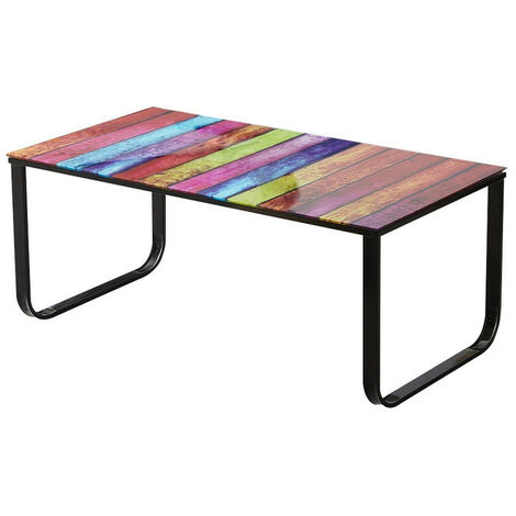 Coffee Table Side Table with 6mm Black Tempered Glass Top and Metal Frame Side Table Living Room Table Furniture,Rainbow
