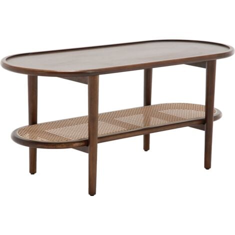 Coffee Table Snack Tea Center Table with Rattan Shelf Cocktail Side Table in Wood Frame for Home Living Room Office, Walnut, Wahson