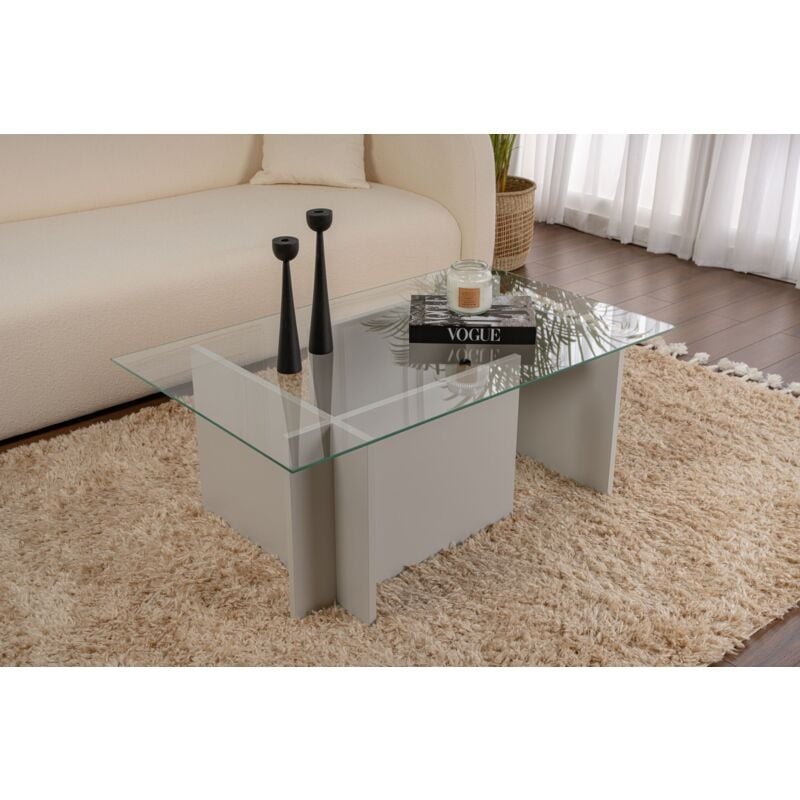 Calicosy - Table Basse Verre Fixe Gigogne Rectangulaire Bois en Gris 105x65x40 cm Pour Salon ou Bureau