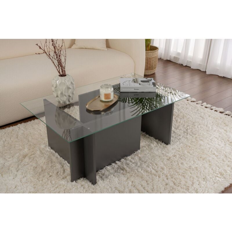 Calicosy - Table Basse Verre Fixe Gigogne Rectangulaire Bois en Anthracite 105x65x40 cm Pour Salon ou Bureau