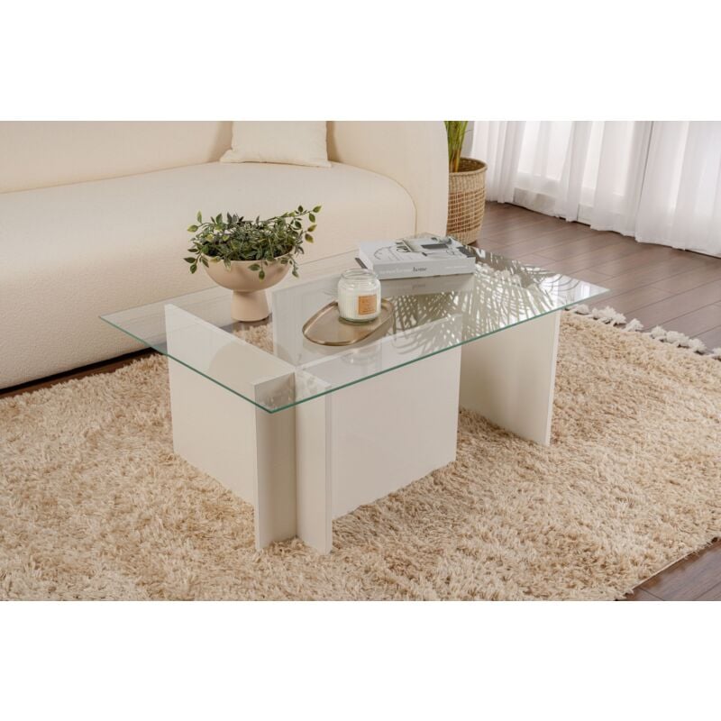 Calicosy - Table Basse Verre Fixe Gigogne Rectangulaire Bois en Blanc 105x65x40 cm Pour Salon ou Bureau