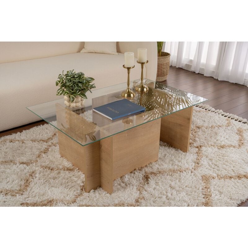 Calicosy - Table Basse Verre Fixe Gigogne Rectangulaire Bois en Chêne 105x65x40 cm Pour Salon ou Bureau