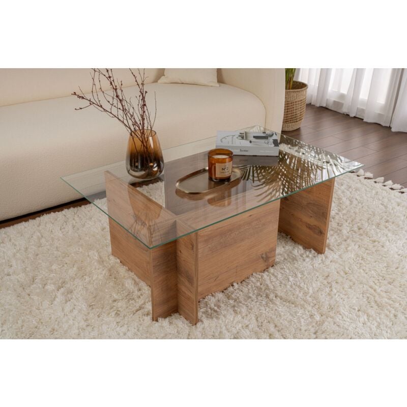 Calicosy - Table Basse Verre Fixe Gigogne Rectangulaire Bois en Pin Atlantique 105x65x40 cm Pour Salon ou Bureau