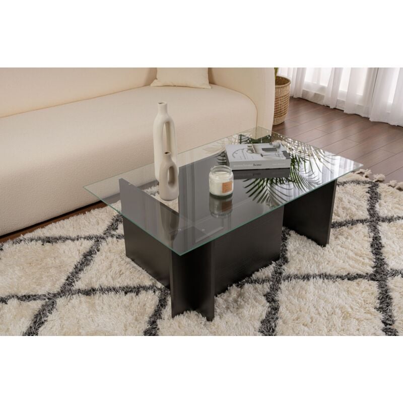 Calicosy - Table Basse Verre Fixe Gigogne Rectangulaire Bois en Noir 105x65x40 cm Pour Salon ou Bureau