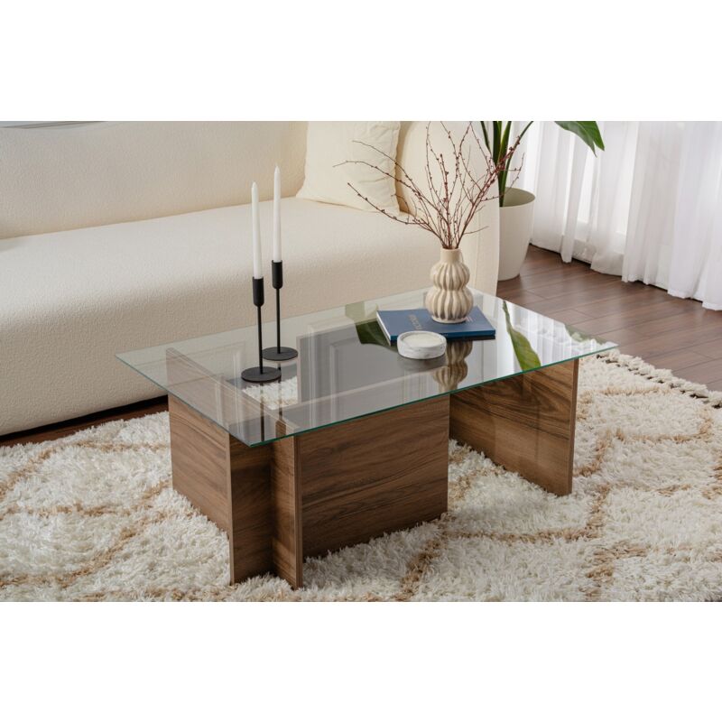 Calicosy - Table Basse Verre Fixe Gigogne Rectangulaire Bois en Noyer 105x65x40 cm Pour Salon ou Bureau