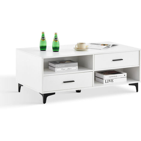 Coffee Table with Storage, 4 Drawers and 4 Open Shelves Wood Center Tea Table with Metal Legs Rectangle Sofa Side Table for Living Room Bedroom Home Office (white)