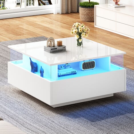 ABRIHOME Coffee Table with Storage for Living Room, Modern LED Coffee Table, Square Tea Table with 2 Sliding Drawers Wood Center Table Acrylic Glass Coffee Table, White