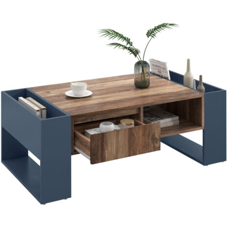 Coffee Table with Wood Effect – Anthracite Color, 1 Handleless Drawer, Double Storage Compartments on Both Sides, Large Storage Space