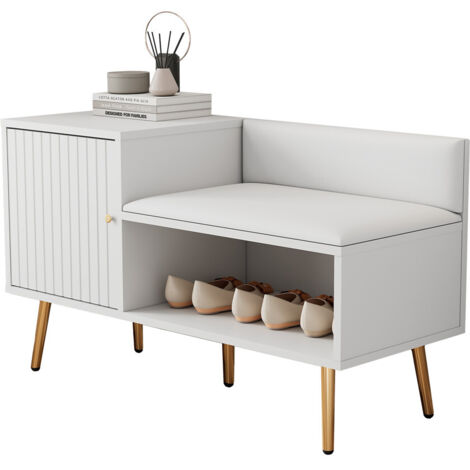 Coffre à Chaussures 100×40×58 cm, Banc Rembourré Blanc avec Rangement, Poignées Métal et Pieds Métal pour Entrée