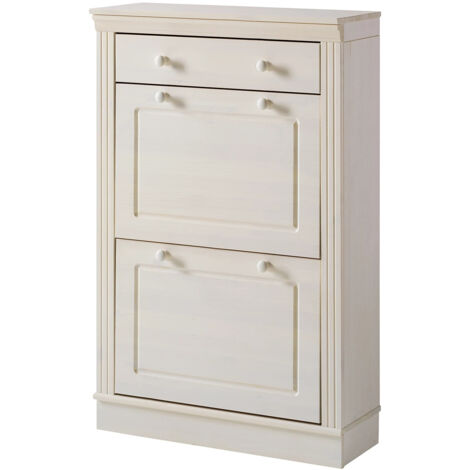 Coffre à chaussures en pin blanc – 2 portes battantes – 1 tiroir – Style classique – Rangement ample pour accessoires