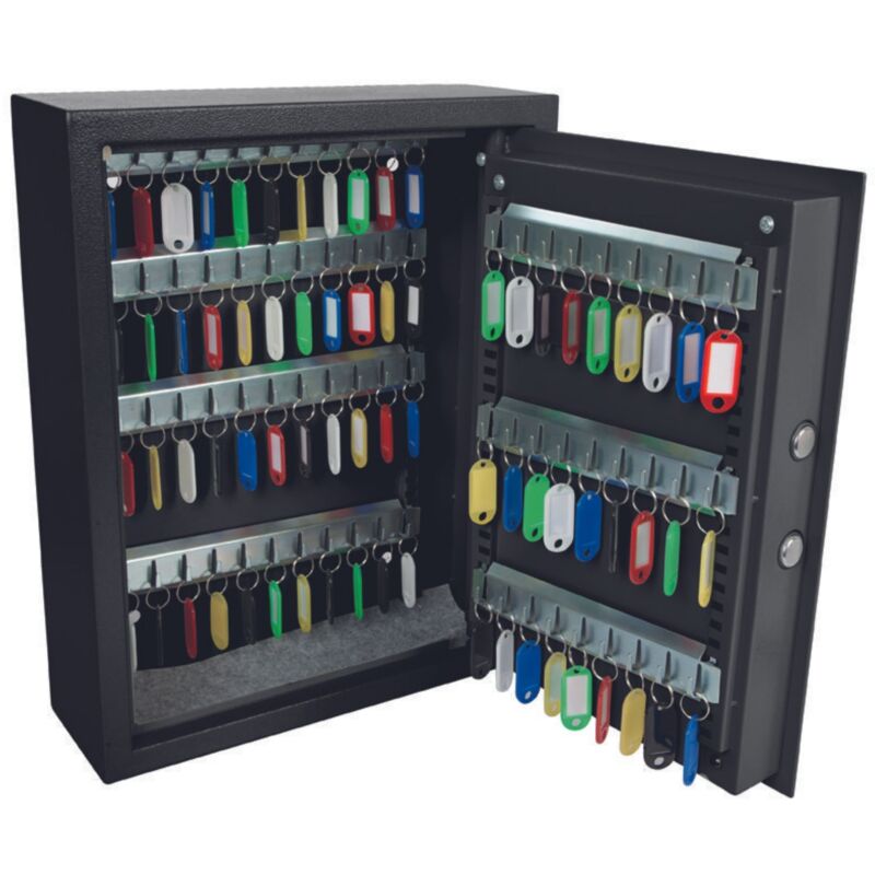 Perel – Armoire à clés à combinaison 71 crochets – Acier noir – Serrure électronique 8 chiffres – 71 porte-clés et étiquettes incluses