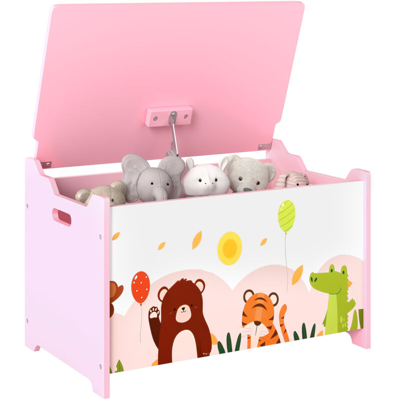 Coffre à jouet enfant - AIYAPLAY - couvercle rabattable, motif animal, charnières de sécurité - MDF - 60 x 37 x 39 cm - rose