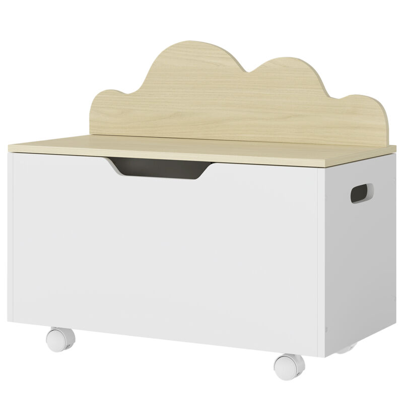 Coffre à jouet enfant - AIYAPLAY - sur roulettes - couvercle rabattable - charnières de sécurité - MDF - 59 x 30 x 53 cm - blanc