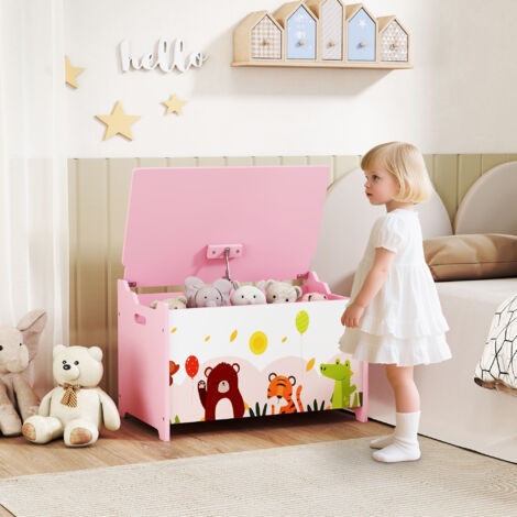 Coffre à jouet enfant coffre de rangement enfant couvercle rabattable motif animal 60 x 37 x 39 cm rose