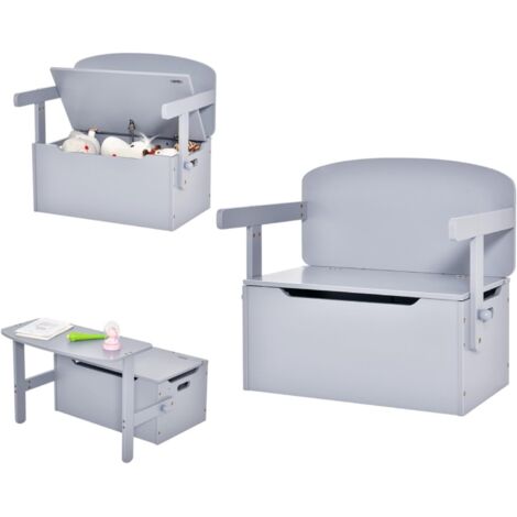 Coffre à jouets 3 en 1 pour enfants avec banc et table, ensemble table et chaises en bois avec coffre de rangement, style moderne, convient aux enfants de 3 à 7 ans (gris)