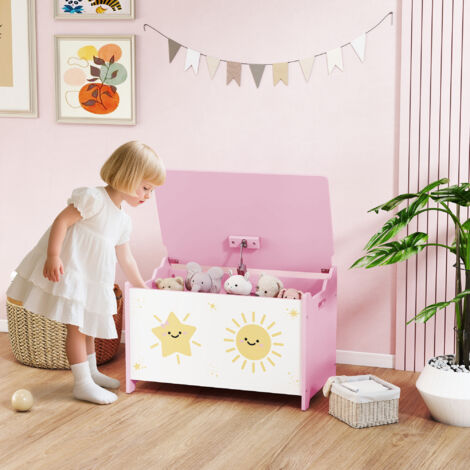 Coffre à jouets avec couvercle. coffre de rangement enfant avec charnières de sécurité. 60 x 37 x 39 cm. rose
