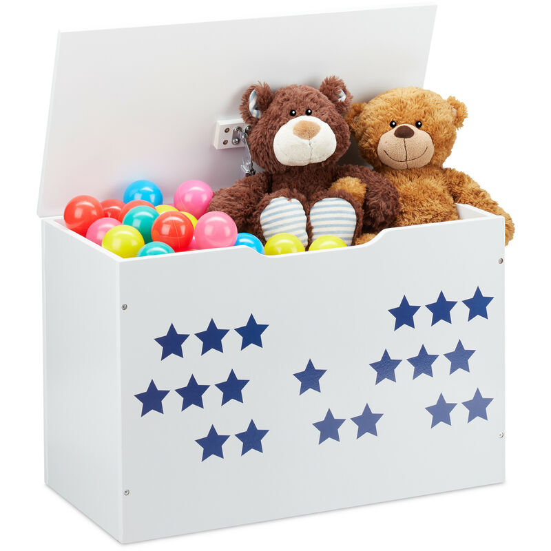 Coffre à jouets avec couvercle, rangement pour enfant, design étoilé, caisse à jeux, 40x60x30 cm, blanc/bleu