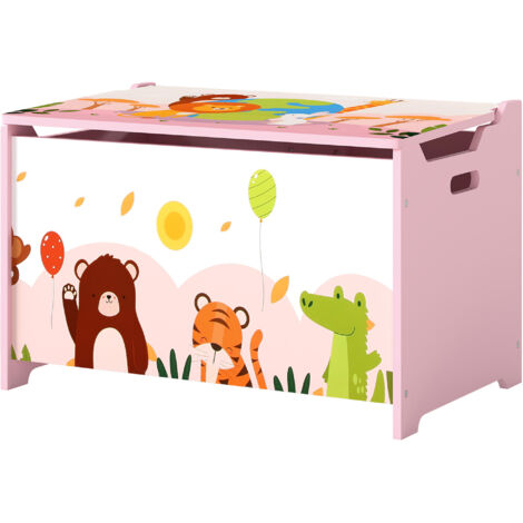 Coffre à jouets enfant avec couvercle rabattable motif animal 60x37x39 cm rose