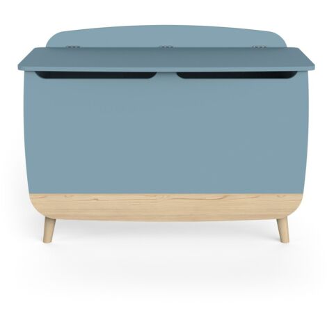 Coffre a jouets - FIRMIANA - style scandinave - Bleu orage et bois naturel - 82,4 x 39,1 x 58,9 cm - DEMEYERE