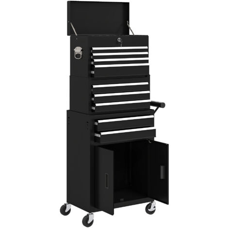 Coffre à outils 3-en-1, armoire à outils sur roulettes avec 4 roues, boîte à outils verrouillable à 9 tiroirs, en acier, noir
