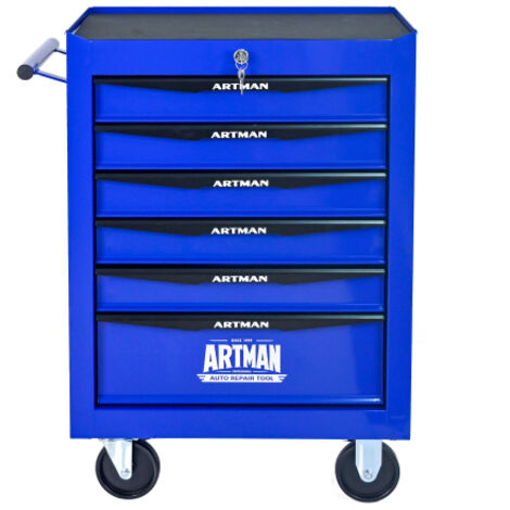 Coffre à outils métal 6 tiroirs roulements billes organisateur noir et bleu