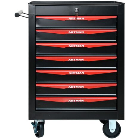 Coffre à outils métallique 7 tiroirs pliable avec roulettes, glissières à billes, rangement acier - organisateur d'atelier noir et rouge 52,4x33x77,7cm