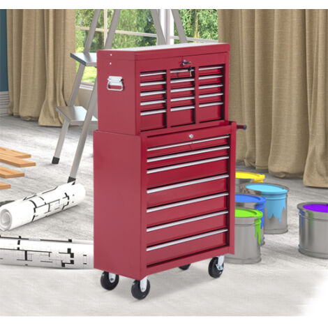 Coffre à outils métallique HOMCOM, chariot d'atelier, porte-outils, rouge, pour atelier et garage, mobile et robuste