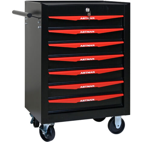 Coffre à outils métallique roulant 7 tiroirs, armoire à outils à tiroirs à roulements à billes, boîte de rangement en acier organisateur Noir & Rouge