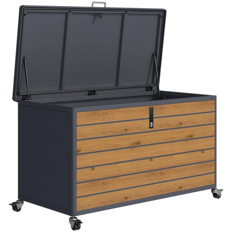 Trigano - Coffre à roulette en métal 650L anthracite imitation bois