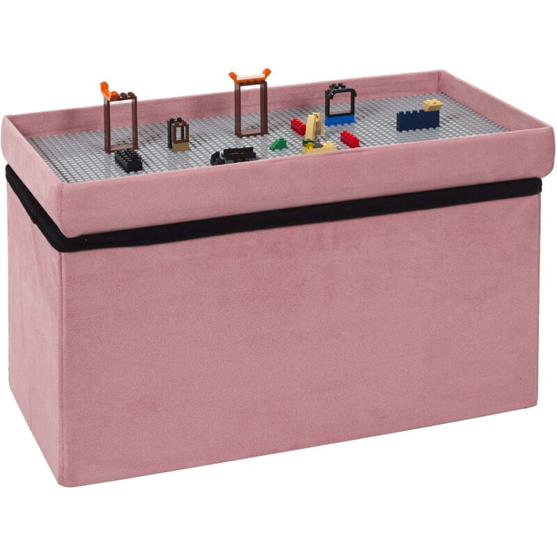 Banc coffre pliable en velours couvercle compatible briques de construction - Rose
