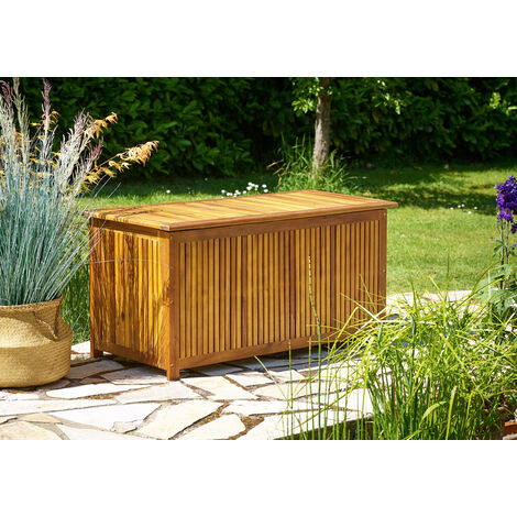 Coffre boîte de rangement jardin 115x50x59cm en acacia avec bâche intérieure