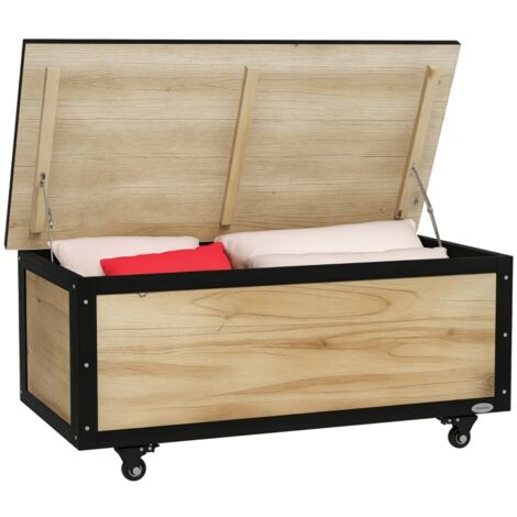 Coffre de jardin 121 L avec 2 roues et charnières métalliques en bois naturel 100 x 50 x 43 cm