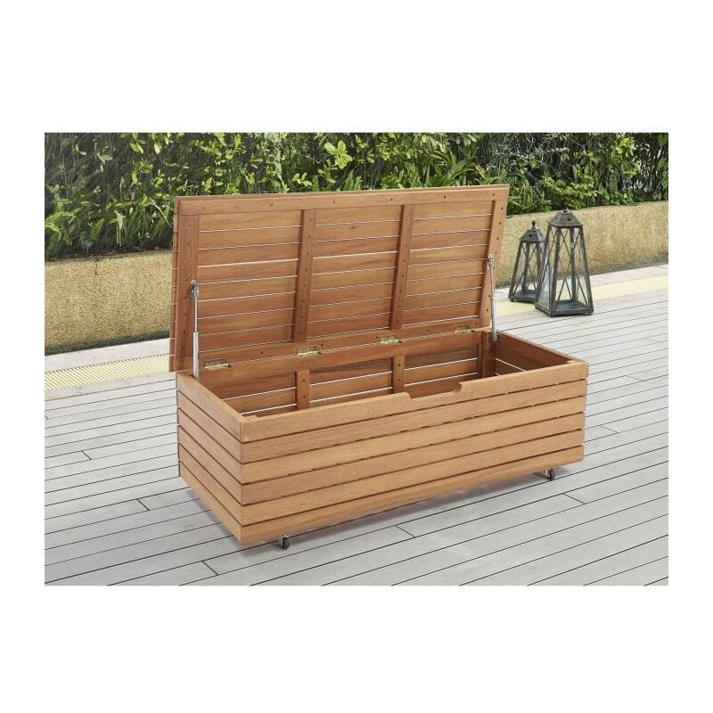 Coffre de jardin 190L en bois exotique deucalyptus FSC - 190 L - 48,5 x 109,5 x 37 cm - Avec roulettes - Effet Teck