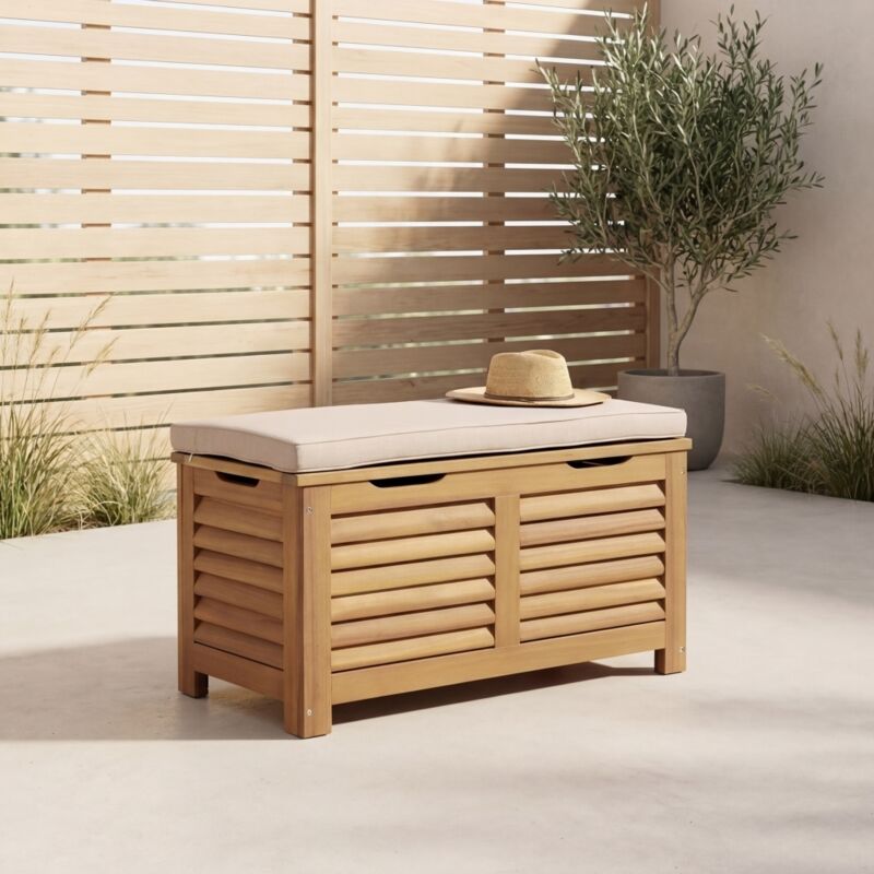Coffre de jardin / Banc bois d'acacia 63L avec vérins - Zafra Naturel / Beige