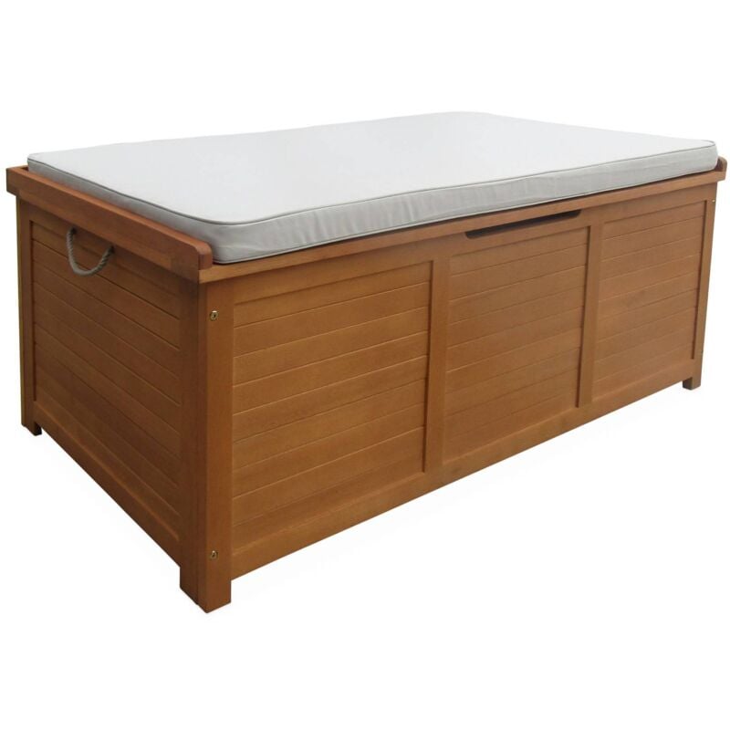 Sweeek - Coffre de jardin caja 200Len bois 125x60cm rangement coussins avec vérins et poignées Bois / Beige