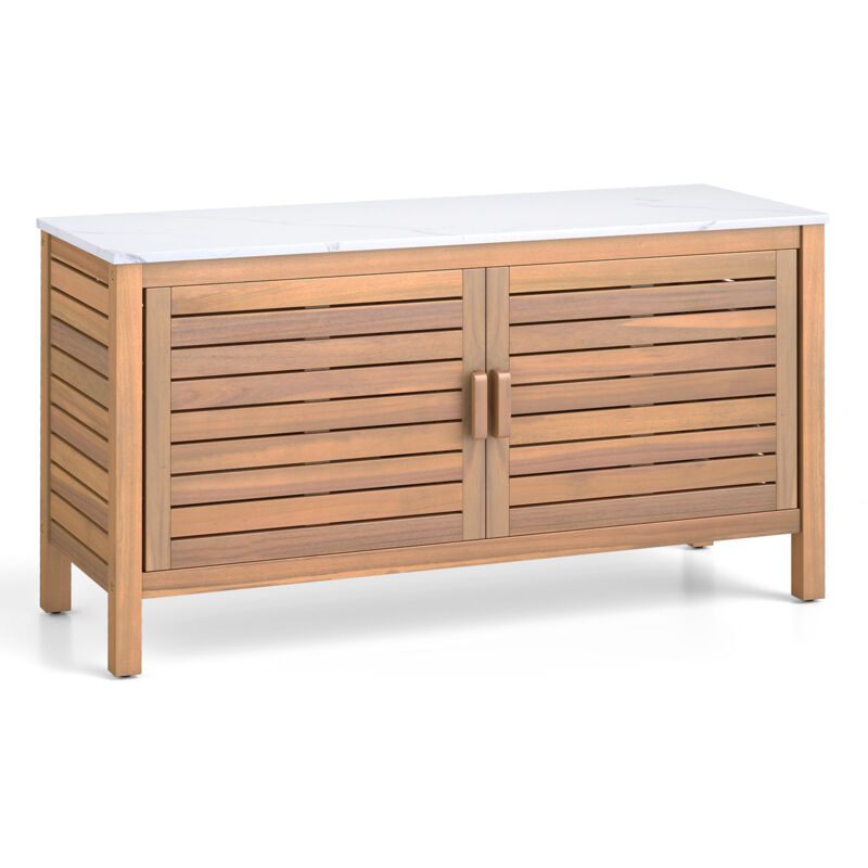 Coffre de Jardin en Bois d'Acacia, Armoire de Rangement pour Patio à 2 Portes avec Dessus Faux Marbre, pour Terrasse, Jardin, 109 x 40 x 60 cm
