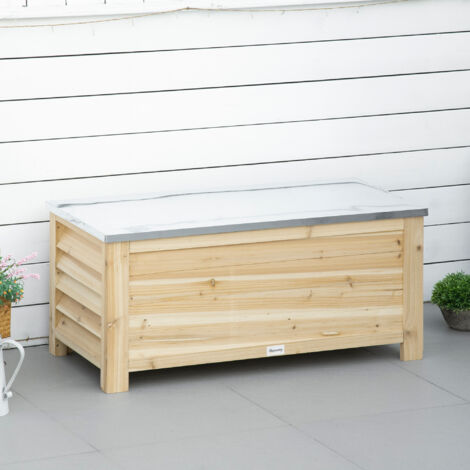 Coffre de jardin en bois et couvercle en métal galvanisé 155L avec vérins - 110 x 50 x 50 cm