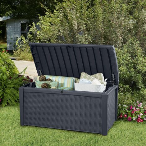 Coffre de jardin en résine tressée 416L – Dimensions 130 x 70 x 63 cm – Traité anti-UV – Verrouillable avec ventilation – La Maison Du Jardin